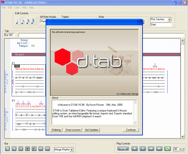 Powerful Drum Tab editor with Tab Import,Midi Playback, Export & Printing